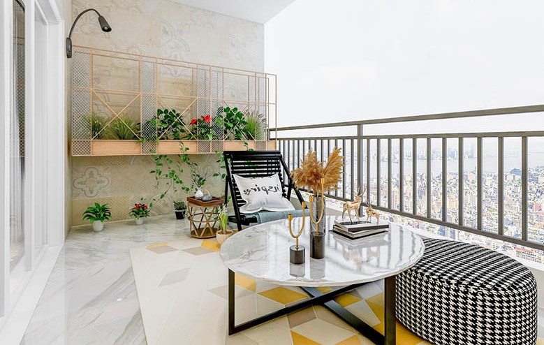 uma pequena área gourmet na varanda de um apartamento com vista para a cidade. Ao centro, uma mesa com um pufe e uma cadeira, e aos fundos um jardim vertical com flores e plantas.