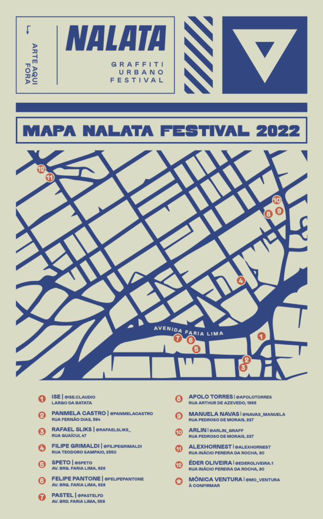 Mapa da edição de 2022 do NaLata Festival com os nomes dos artistas e os respectivos endereços das empenas
