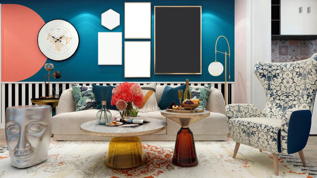 Sala de estar com poltronas de luxo, sofá, mesa de centro e outros elementos coloridos.