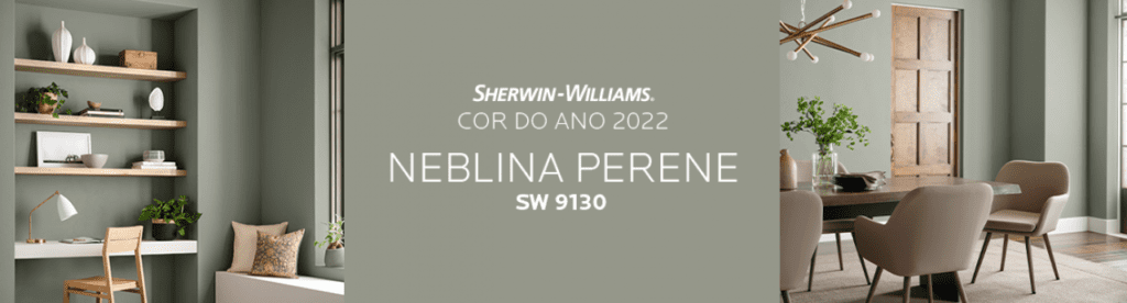 imagem promocional da Sherwin-Williams, mostra cor acinzentada no fundo de uma sala de estar, com mesas, cadeiras e prateleiras