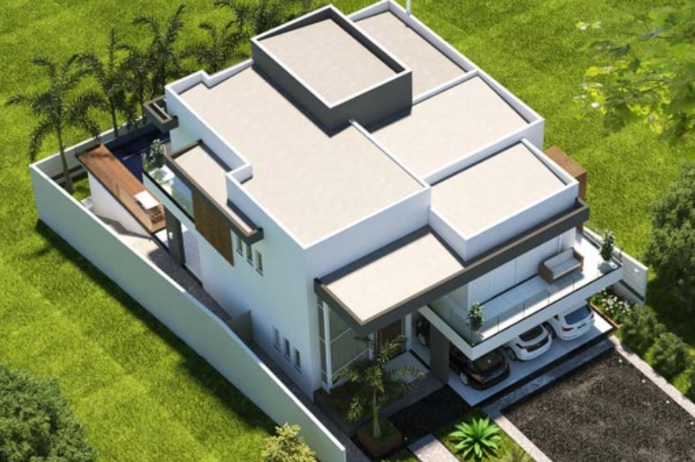 A imagem mostra o projeto de uma casa quadrada vista de cima. Pelo telhado é possível perceber diferentes figuras retangulares formadas pela casa.