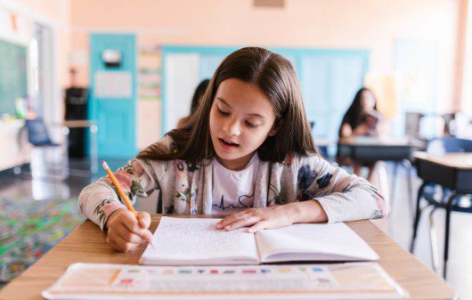 Foto que ilustra matéria sobre Escolas em Vitória (ES) mostra uma menina sentada com um caderno aberto à sua frente e escrevendo com um lápis amarelo em uma sala de aula.