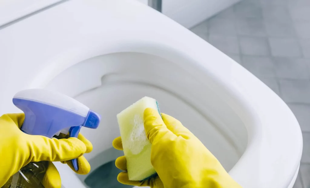 Imagem de uma pessoa adicionando uma substância em uma esponja para limpar privada de banheiro para ilustrar matéria sobre como desentupir vaso