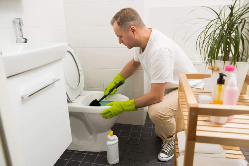 Imagem de um homem limpando um vaso sanitário para ilustrar matéria sobre como desentupir vaso sanitário que caiu objeto dentro