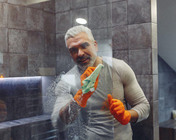 Foto que ilustra máteria sobre como limpar box de banheiro mostra um homem limpando box de banheiro com luvas e pano de limpeza