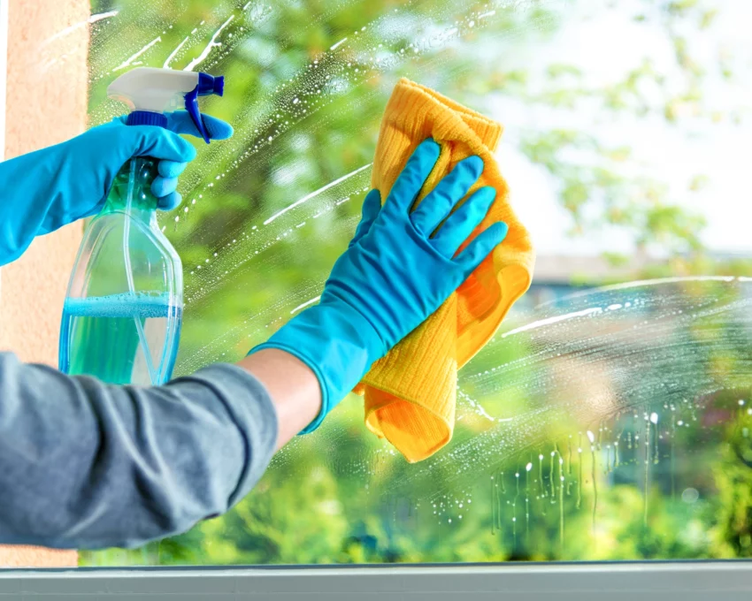 Imagem de uma pessoa vestindo luvas e camisa de manga longa limpando uma janela com um borrifador e um pano nas mãos para ilustrar matéria sobre como limpar vidro de janela