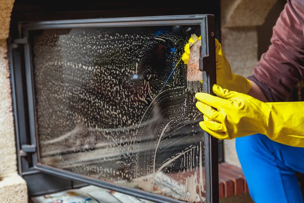 Imagem de uma pessoa limpando o vidro de uma lareira com luvas nas mãos para ilustrar matéria sobre como limpar janela de vidro muito suja