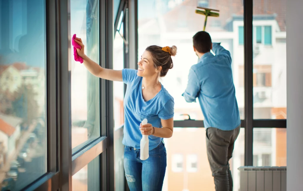 Imagem de uma mulher e um homem limpando os vidros de janela de um apartamento para ilustrar matéria sobre como limpar vidro de janela engordurada