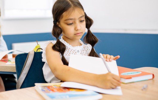 Foto que ilustra matéria sobre Escolas em Fortaleza mostra uma menina sentada com um caderno aberto à sua frente e escrevendo com um lápis em uma sala de aula.