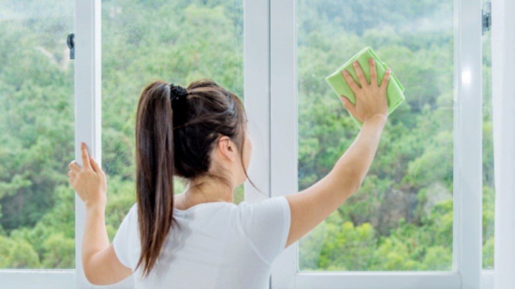 mulher de costas limpando janela de vidro