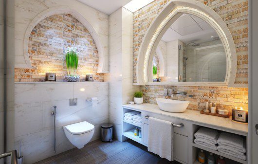 lavabo rústico com papel de parede estilo tijolinho e detalhes em tons neutros
