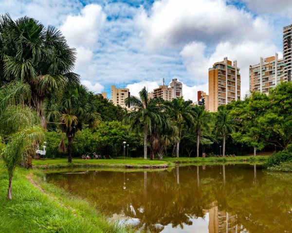 Foto que ilustra matéria sobre morar em Goiânia mostra um pedaço do Parque Vaca Brava, com um pequeno lago em primeiro plano, margeado por árvores e prédios altos ao fundo.