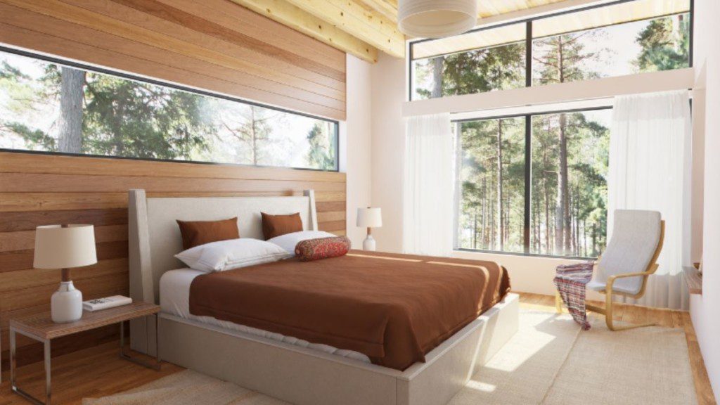 quarto de madeira com cama de casal no centro