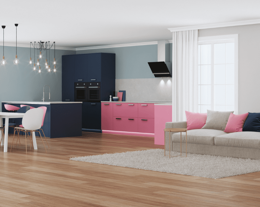 sala e cozinha integrados, com a cozinha com móveis cor-de-rosa e em tonalidades de cinza e azul, capa do conteúdo sobre cores de parede para cozinha