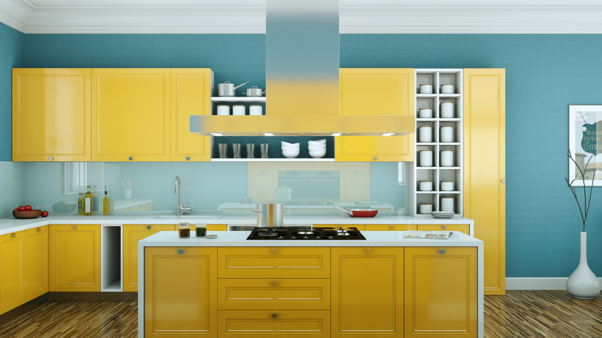 cozinha com parede verde e móveis amarelos