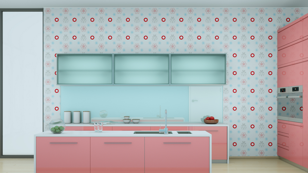 parede de cozinha verde e rosa com flores desenhadas. Os móveis também são na tonalidade verde e rosa pastel