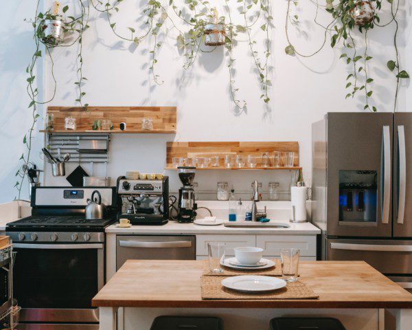 Imagem de uma cozinha organizada com utensílios, plantas pendentes e muita madeira.