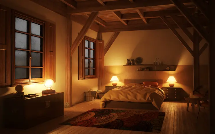 Foto de um quarto a noite com luz quente.