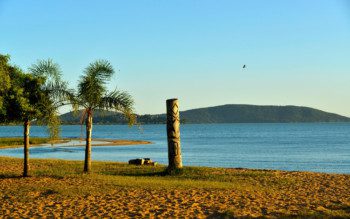 Foto que ilustra matéria sobre as praias de Porto Alegre mostra um trecho da praia de Ipanema, onde aparecem uma faixa de areia em primeiro plano, alguns coqueiros à esquerda, o espelho d’água no meio da imagem e pequenos morros ao fundo.