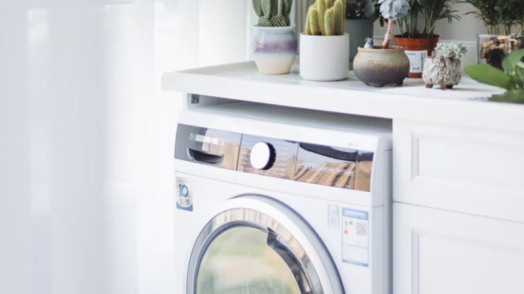 A imagem mostra uma área de serviço pequena. Nela há uma máquina de lavar, uma bancada com armário embutido e plantas de diferentes tamanhos em cima da bancada.