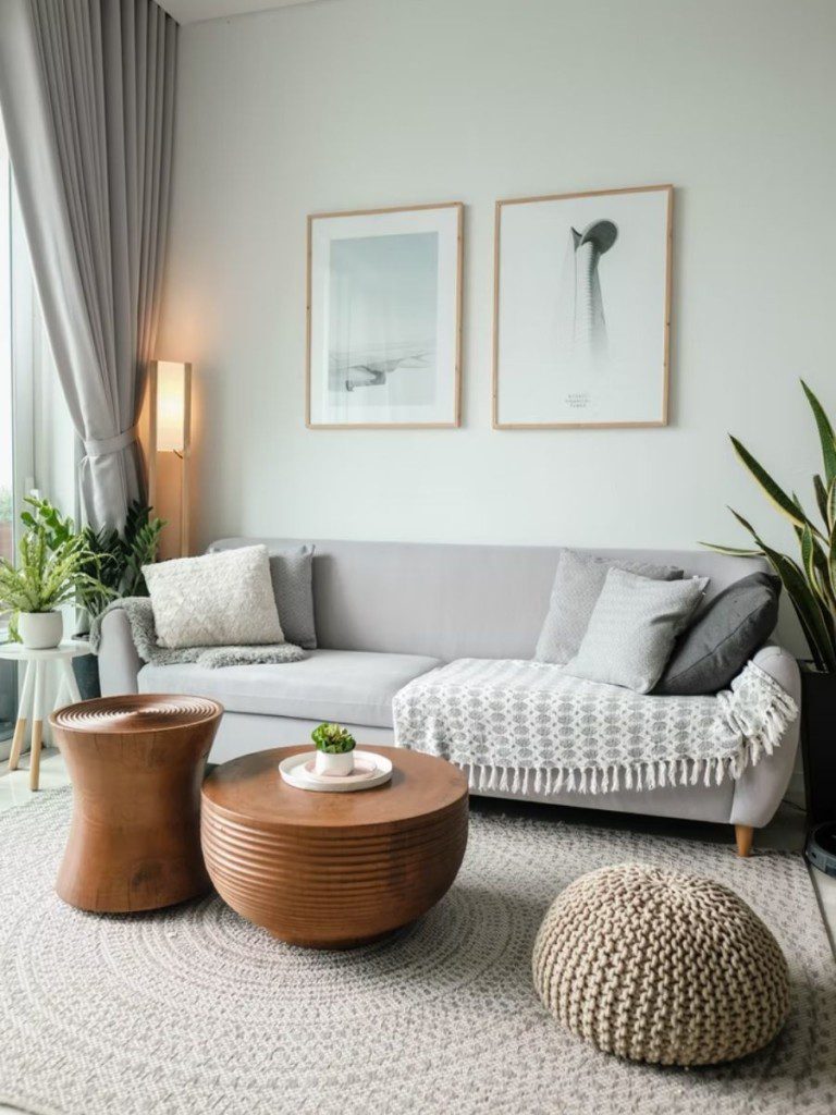 sofá de dois lugares com mesa de centro de madeira e carpete central em sala ampla e minimalista