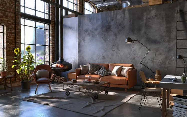 Foto de uma sala no estilo industrial com parede de cimento queimado.