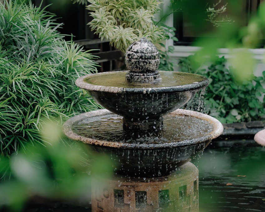 Imagem de uma fonte com água escoando e um jardim com bastante plantas verdes.