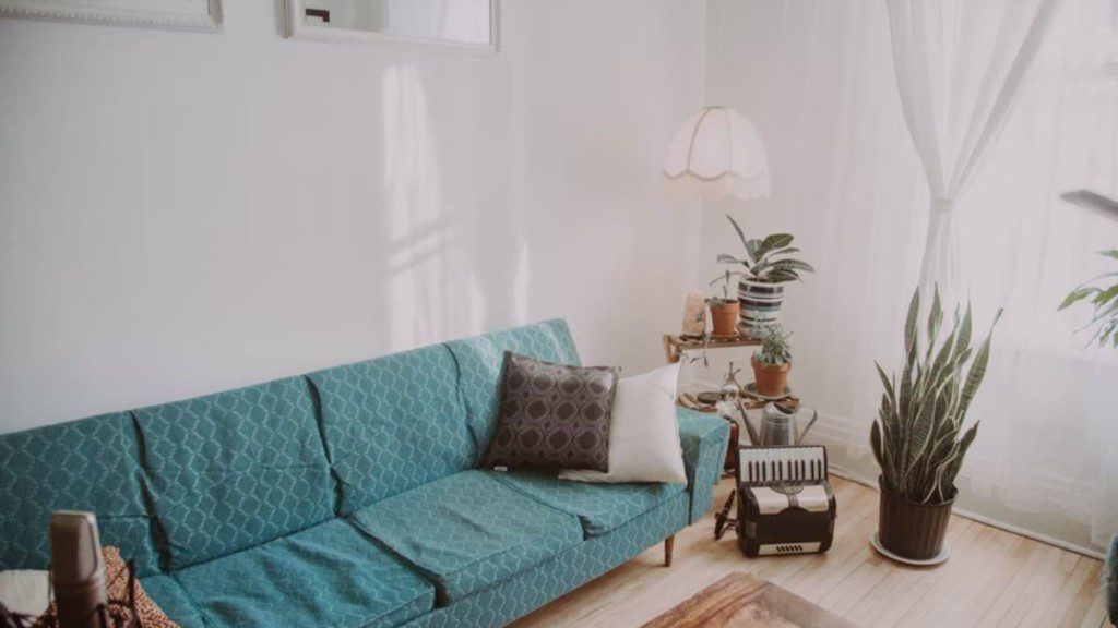 ambiente com sofá, planta e móveis decorativos vintage