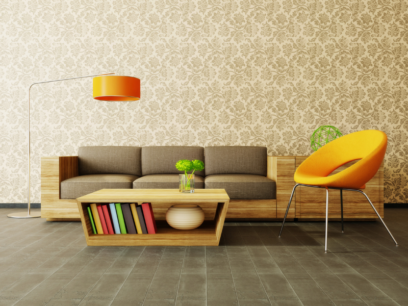 sala com sofá, poltrona, mesa de centro, luminária e papel de parede