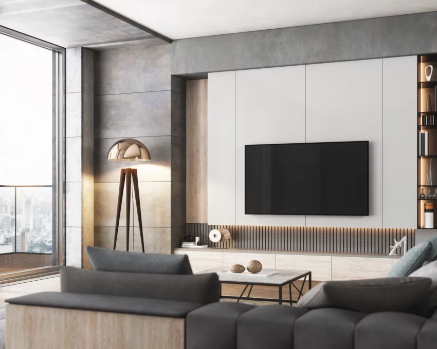 Imagem da decoração de luxo de uma sala de estar mostra sofás, racks, tv e objetos decorativos para ilustrar matéria sobre ideias de rack para sala