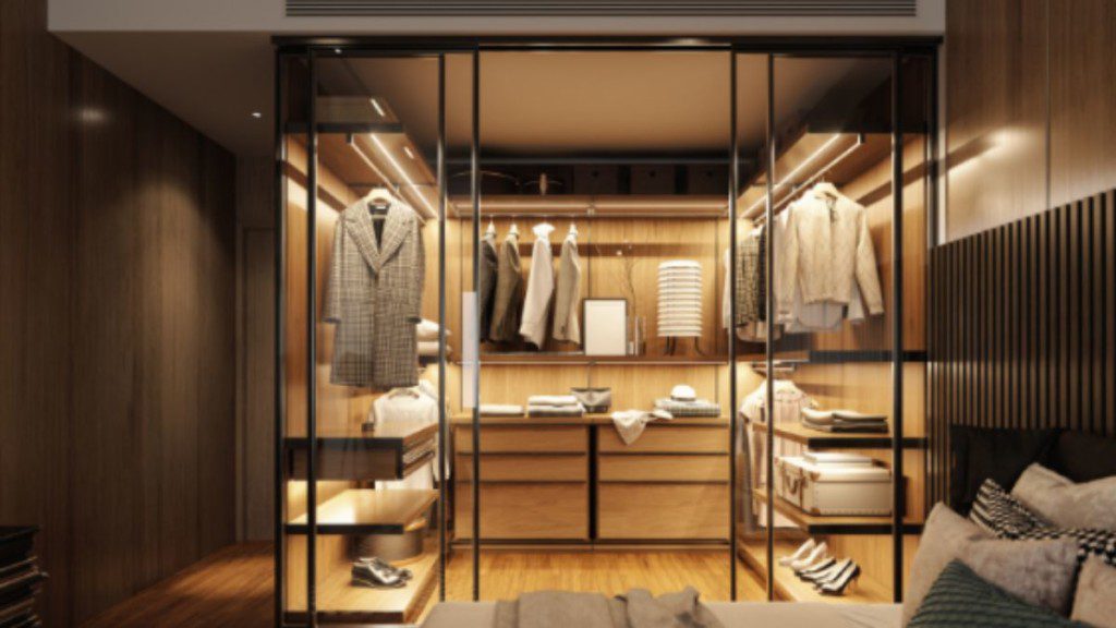 closet em estilo moderno com prateleiras de ferro e iluminação leve