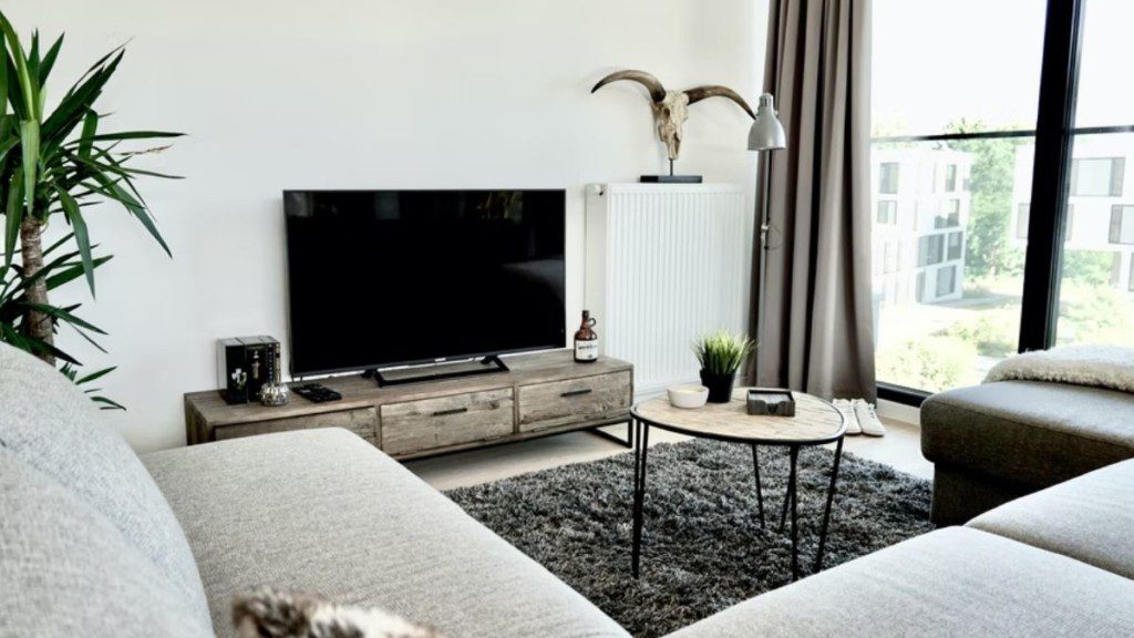 Sala de TV com Sofá em L , televisão, tapete central e cortinas escuras contrastando com o tom claro das paredes