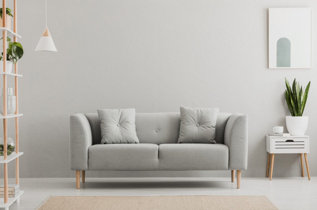 A imagem mostra um exemplo de sala minimalista. Nela há um sofá de dois lugares, uma mesinha, um tapete e uma estante. Há também itens decorativos como plantas e um quadro.