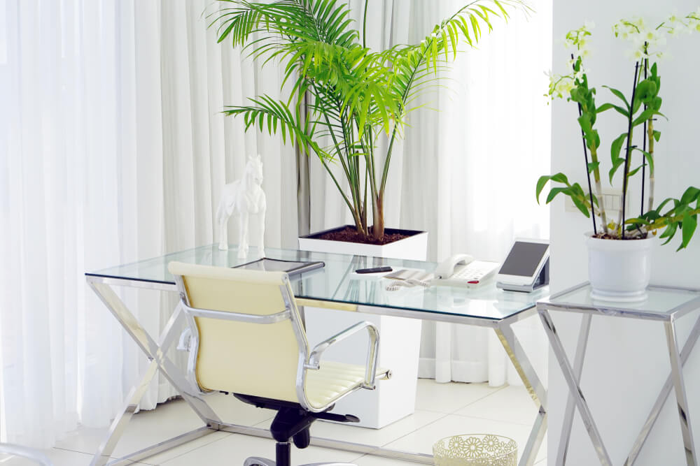 Foto que ilustra matéria sobre decoração de escritório moderno mostra uma mesa com tampo de vidro e uma cadeira com encosto de cor creme.