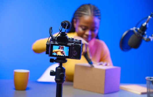 Foto que ilustra matéria sobre como montar um estúdio em casa mostra uma mulher abrindo uma caixa com um fundo azul enquanto filma o processo e fala em um microfone