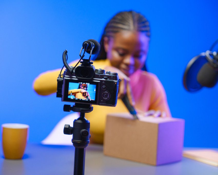 Foto que ilustra matéria sobre como montar um estúdio em casa mostra uma mulher abrindo uma caixa com um fundo azul enquanto filma o processo e fala em um microfone