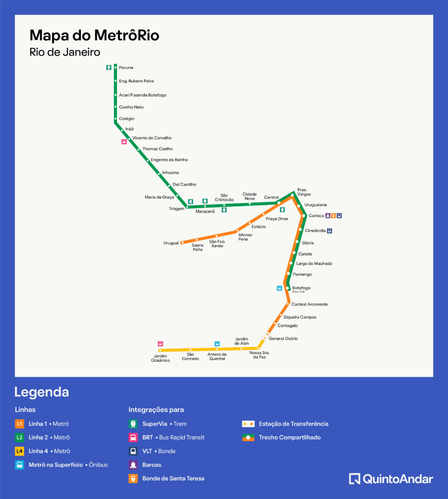 Imagem que ilustra matéria sobre linhas de metrô de RJ mostra o mapa completo do MetrôRio.