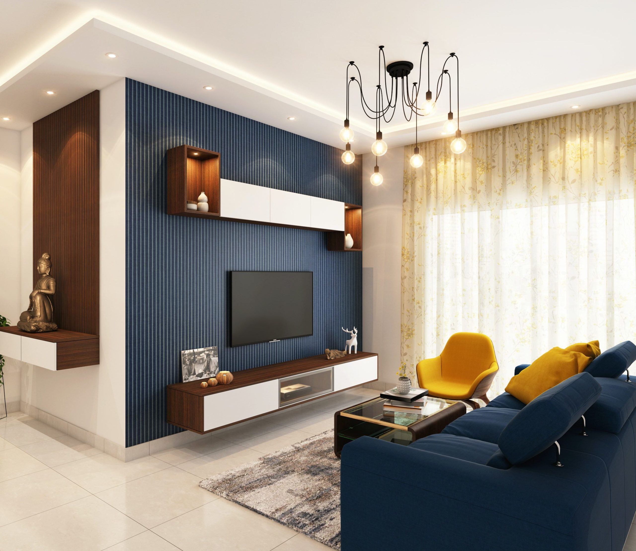 Cortina estampada em tom neutro pode dar um charme a mais em uma sala de estar moderna e com cores vibrantes. 