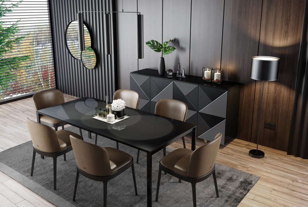 Sala de jantar com cadeiras de couro modernas e mesa de brilho. Há também um aparador com design moderno. 