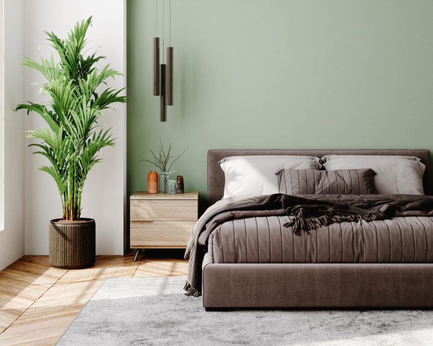 Imagem de um quarto com cama de casal encostada em uma parede verde, mesa de cabeceira e um vaso de planta.