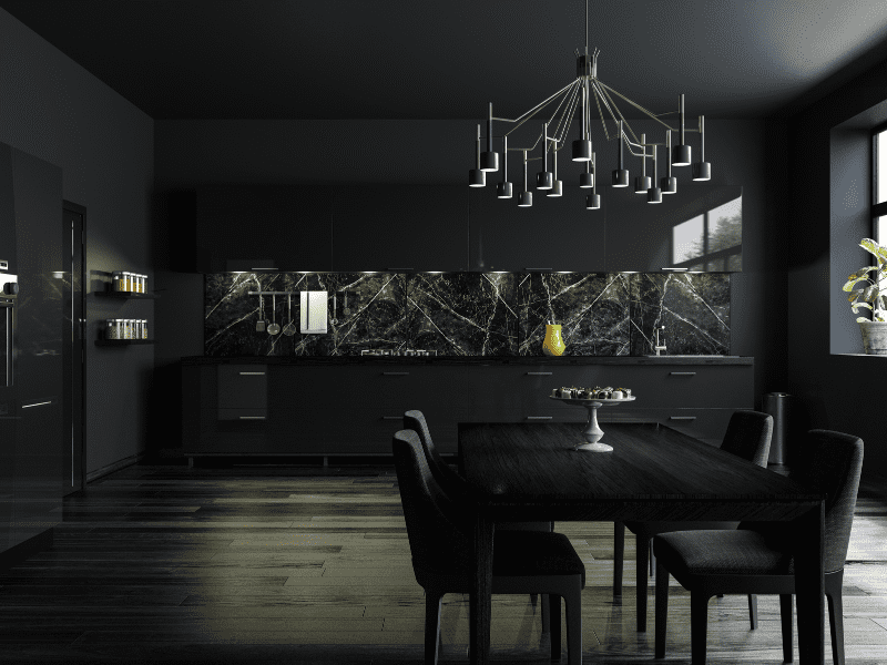 Sala de jantar gótica, com móveis e paredes escuros. 