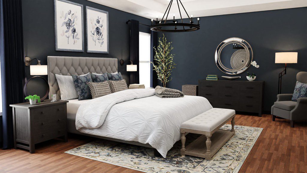 Quarto de luxo em tons escuros nos móveis e paredes. A cama está coberta por um lençol branco. Imagem disponível em Unsplash.