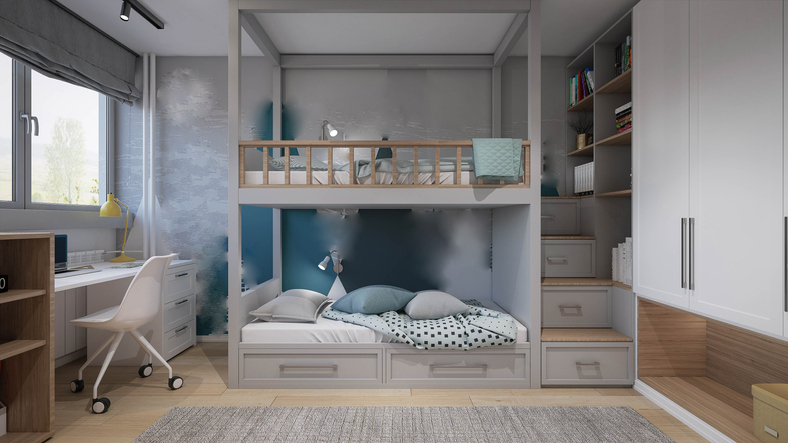 Imagem de um quarto de criança moderno em tons de cinza e madeira.