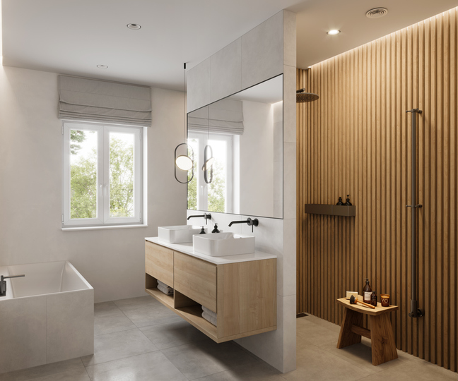 Banheiro moderno e aconchegante com painel ripado em madeira e tons claros
