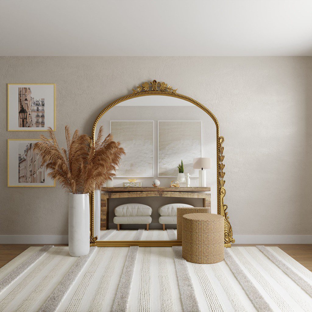 Quarto amplo, com espelho arredondado de moldura dourada. Objetos de decoração típicos do estilo clássico. Imagem disponível em Unsplash.
