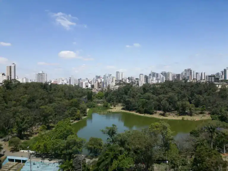 Imagem da vista aérea do Parque da Aclimação, em São Paulo, mostra lago, vegetação e prédios do local para ilustrar matéria sobre parques em SP