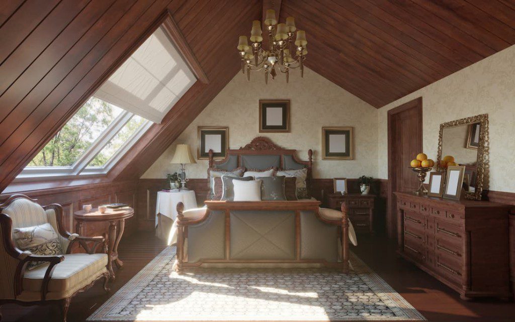 Poltrona e móveis vintage na decoração de quarto do mesmo estilo. Imagem disponível em Getty Images.
