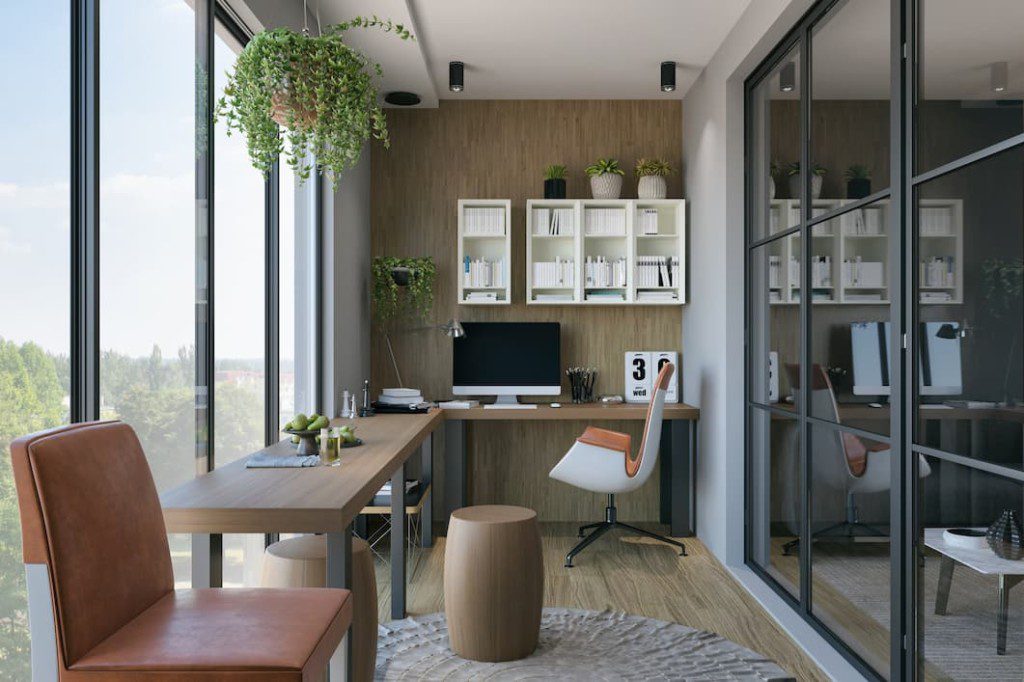Home office minimalista com móveis confortáveis e funcionais.