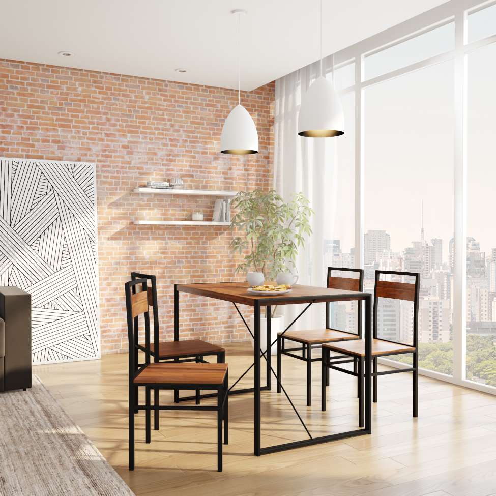 Foto que ilustra matéria sobre quanto custa mobiliar um apartamento mostra uma mesa de jantar de estilo industrial, com base preta e tampo de madeira, com quatro cadeiras também com bases pretas e assentos e encostos de madeira