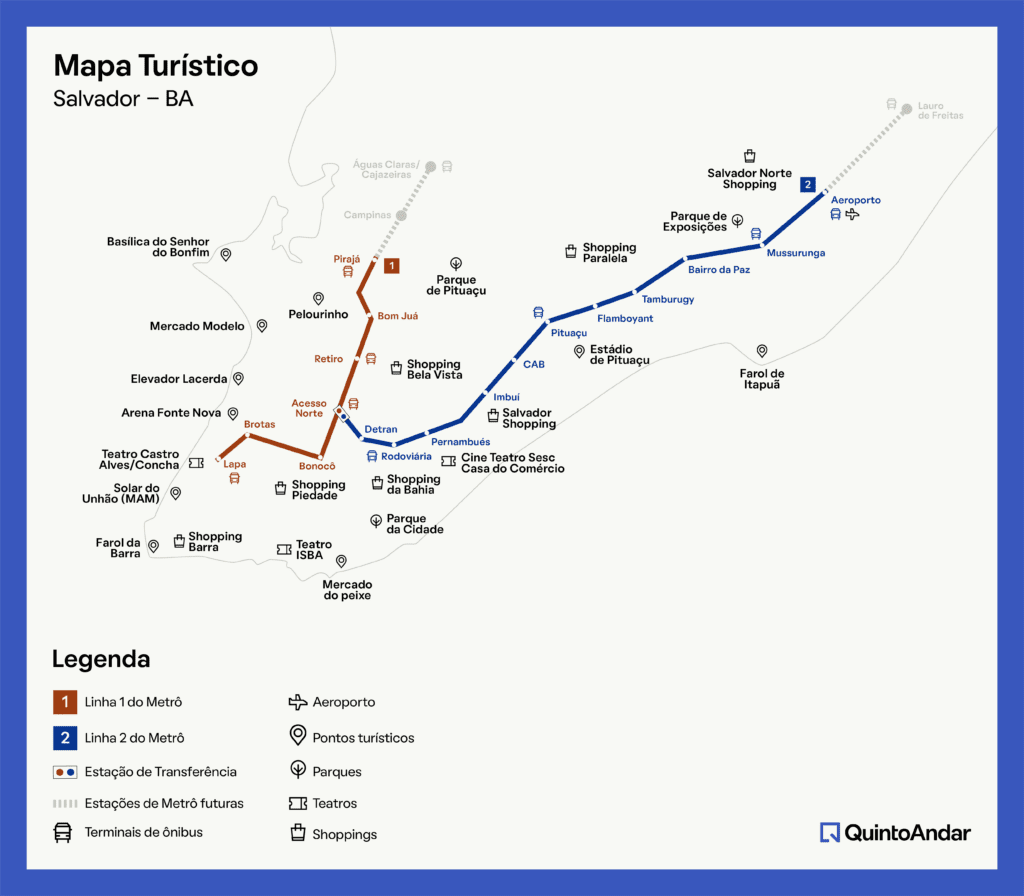 imagem de um mapa com os principais pontos turísticos próximos das linhas de metrô em Salvador.